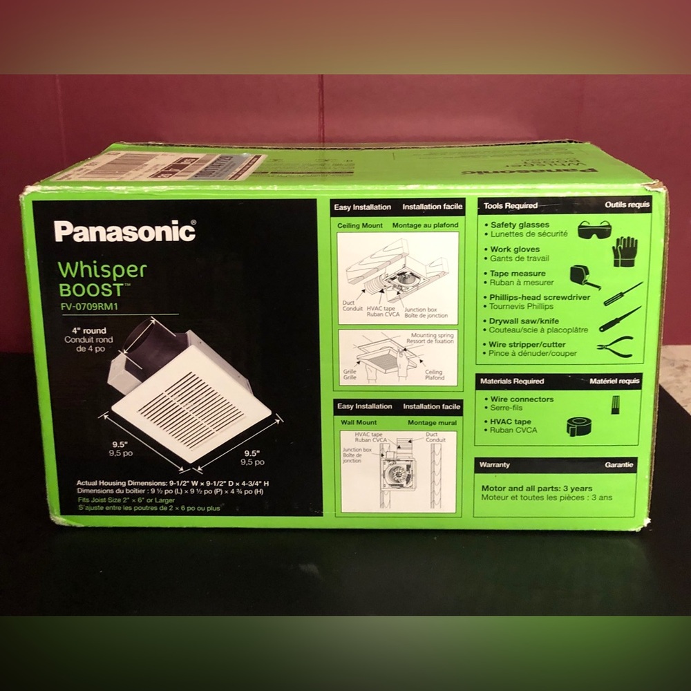 Panasonic 70-90 CFM 0.7-1.5 Sones Whisper Boost Bath Fan - Picture 2 of 4